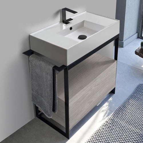 Console Sink Vanity With Ceramic Sink and Grey Oak Drawer, 35 Inch Scarabeo 5123-SOL1-88